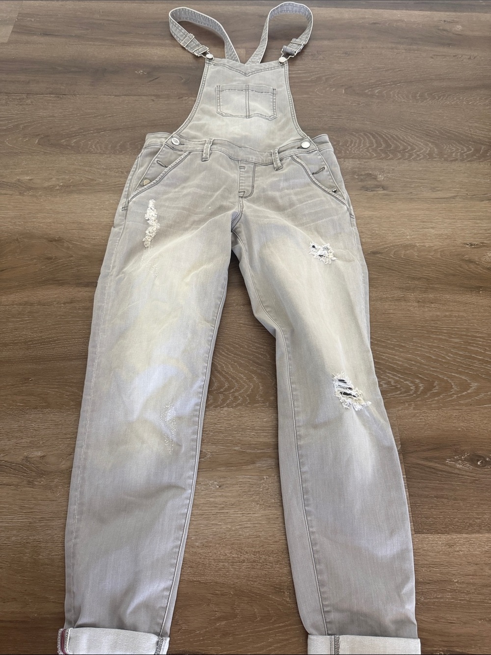 bebe Light Gray Distressed Denim Overalls